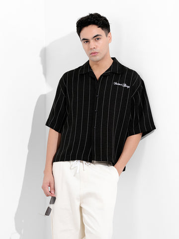 Men's Black Boxy Fit Striped Casual Shirt
