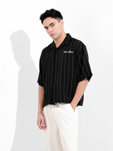 Men's Black Boxy Fit Striped Casual Shirt