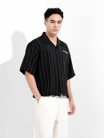 Men's Black Boxy Fit Striped Casual Shirt