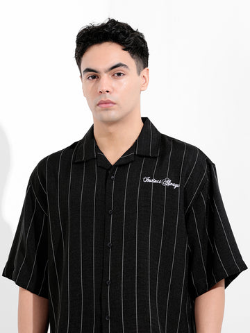 Men's Black Boxy Fit Striped Casual Shirt