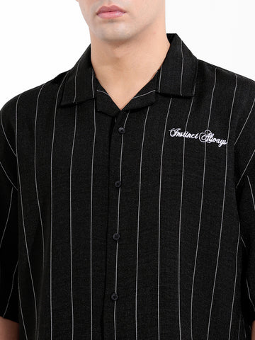Men's Black Boxy Fit Striped Casual Shirt