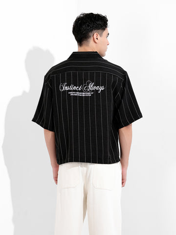 Men's Black Boxy Fit Striped Casual Shirt