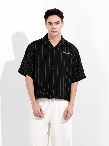 Men's Black Boxy Fit Striped Casual Shirt
