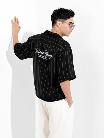 Men's Black Boxy Fit Striped Casual Shirt
