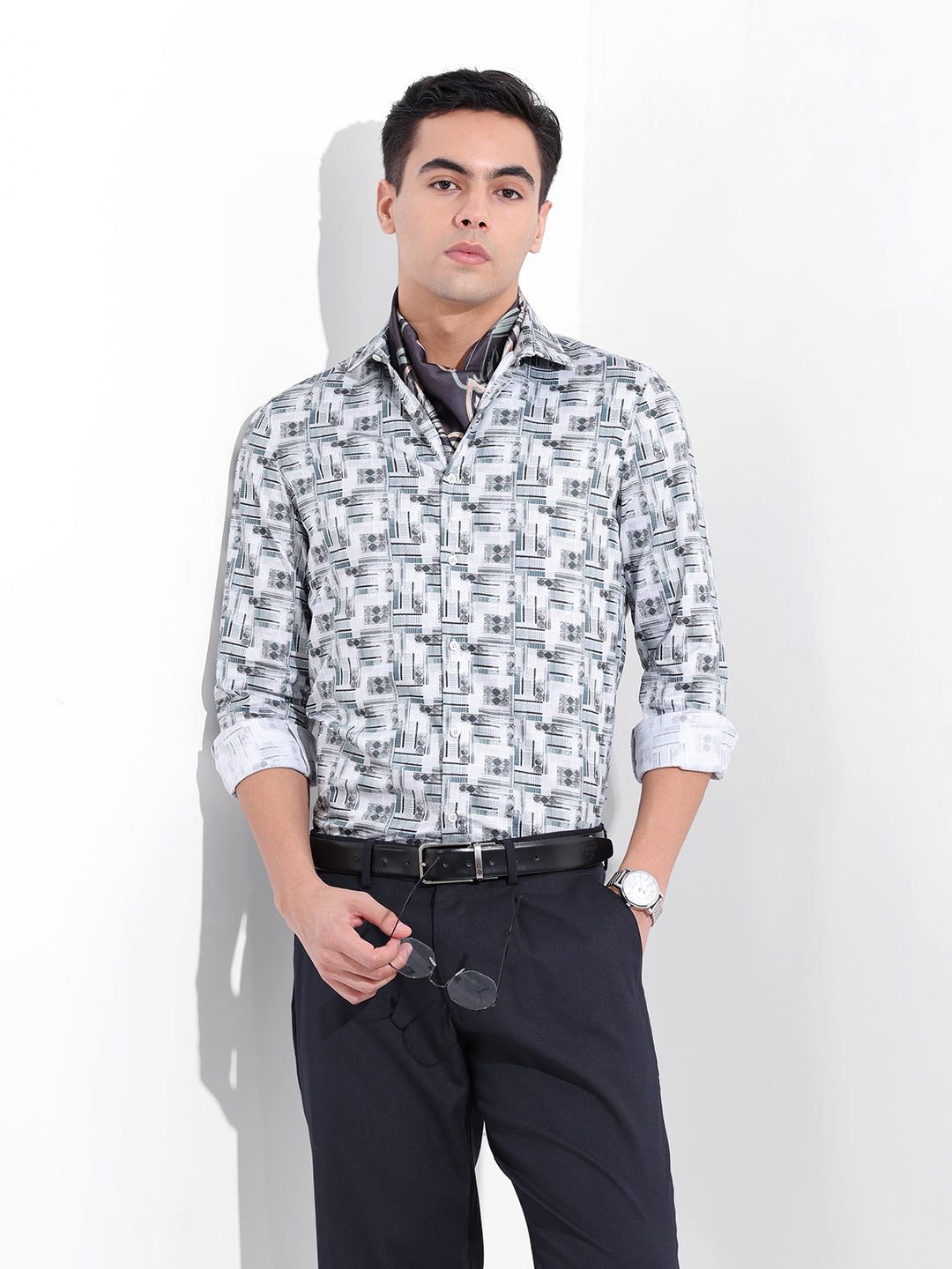 Men's White Slim Fit Printed Party Wear Shirt