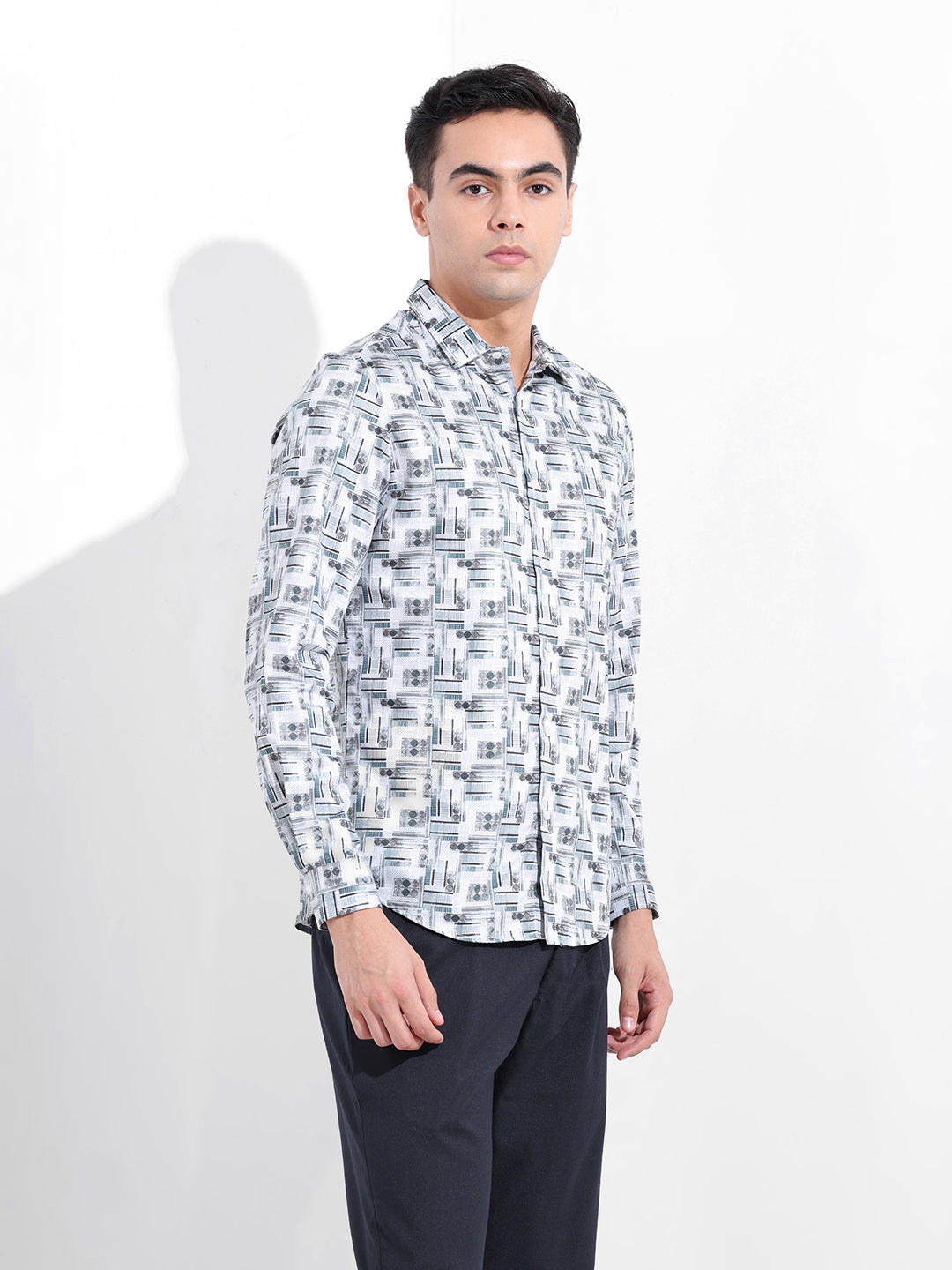 Men's White Slim Fit Printed Party Wear Shirt