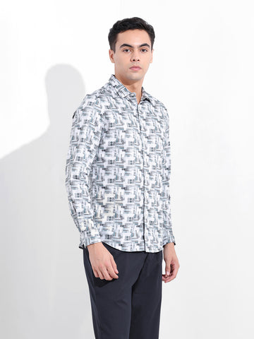 Men's White Slim Fit Printed Party Wear Shirt