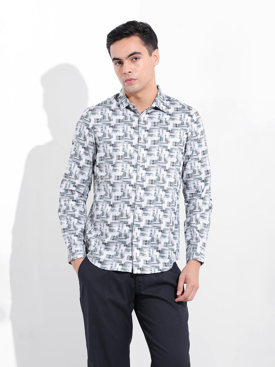 Men's White Slim Fit Printed Party Wear Shirt