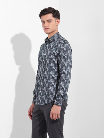 Men's Black Slim Fit Printed Party Wear Shirt