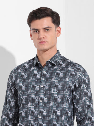 Men's Black Slim Fit Printed Party Wear Shirt