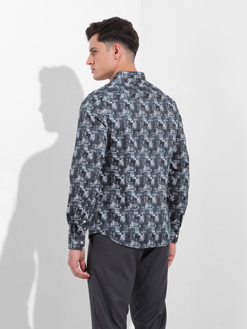 Men's Black Slim Fit Printed Party Wear Shirt