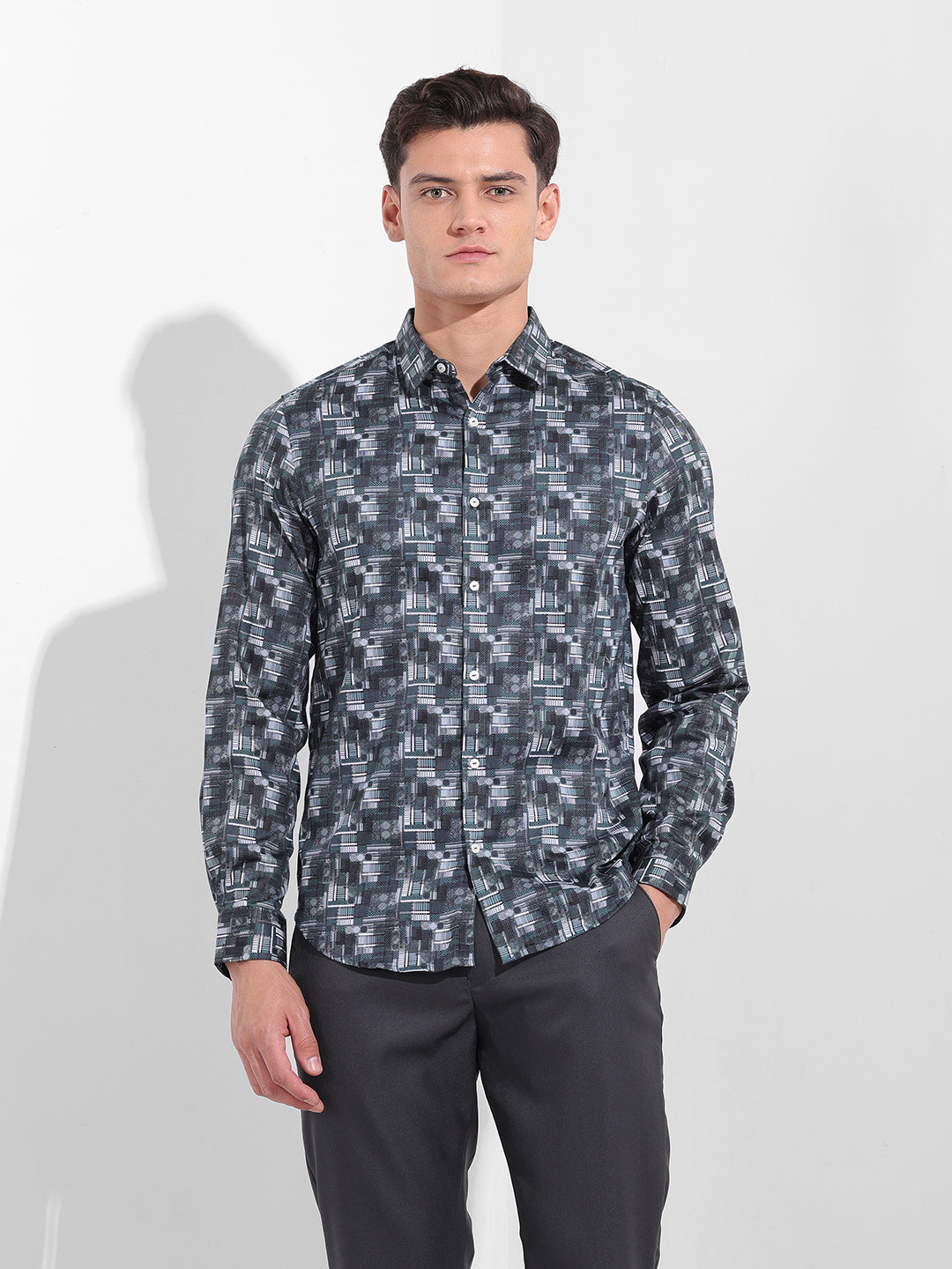 Men's Black Slim Fit Printed Party Wear Shirt