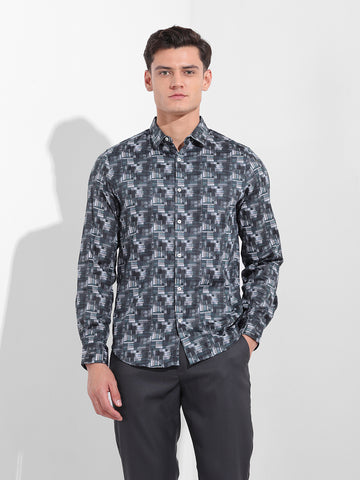 Men's Black Slim Fit Printed Party Wear Shirt