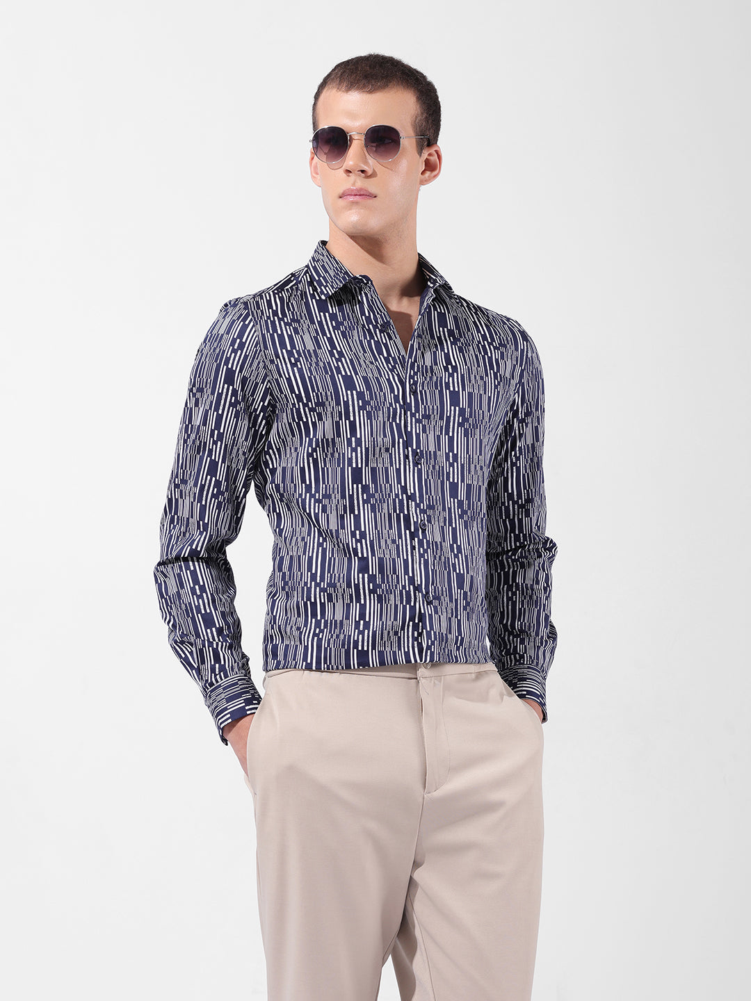 Men's Navy Blue Slim Fit Printed Party Wear Shirt