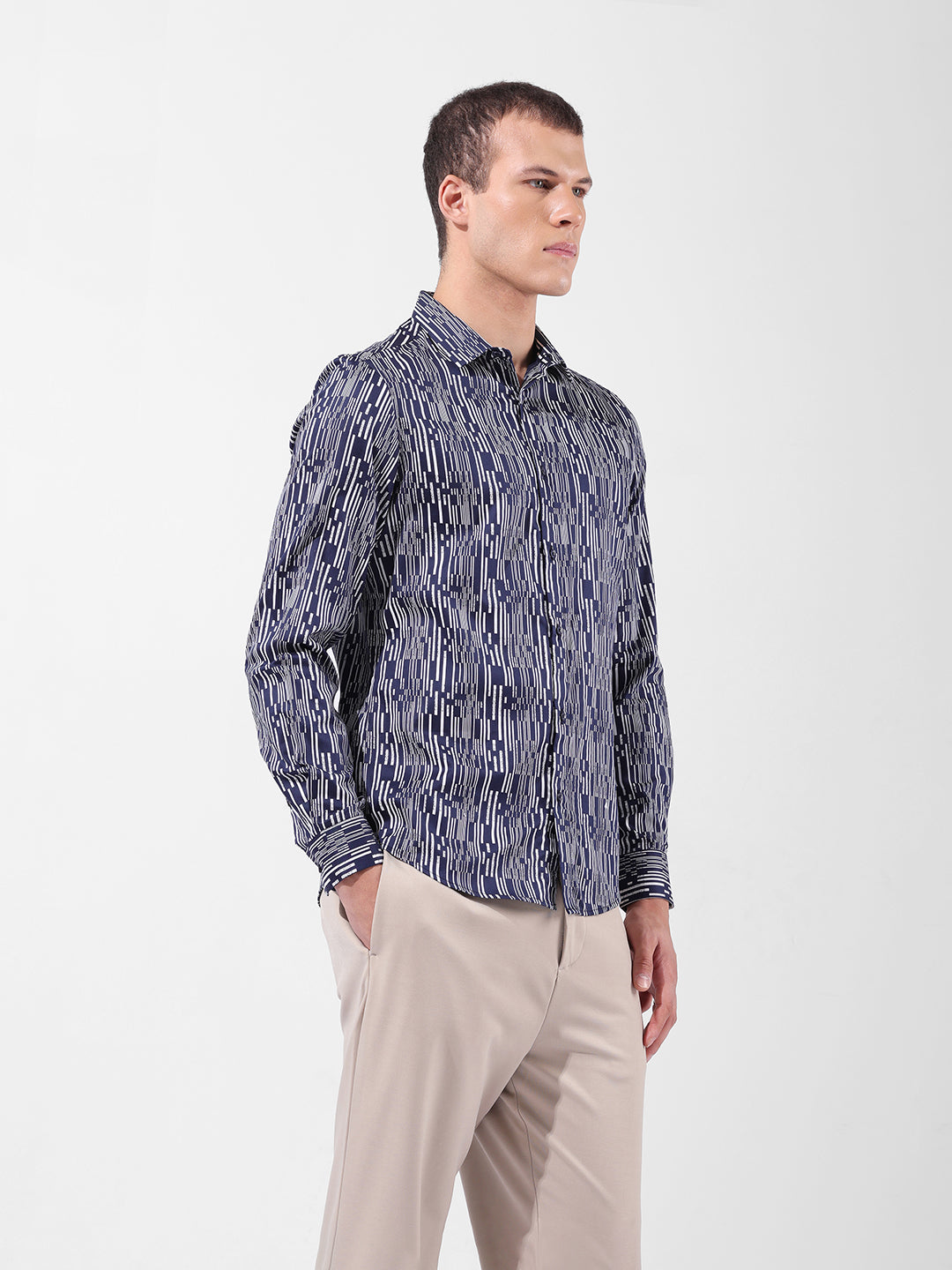 Men's Navy Blue Slim Fit Printed Party Wear Shirt