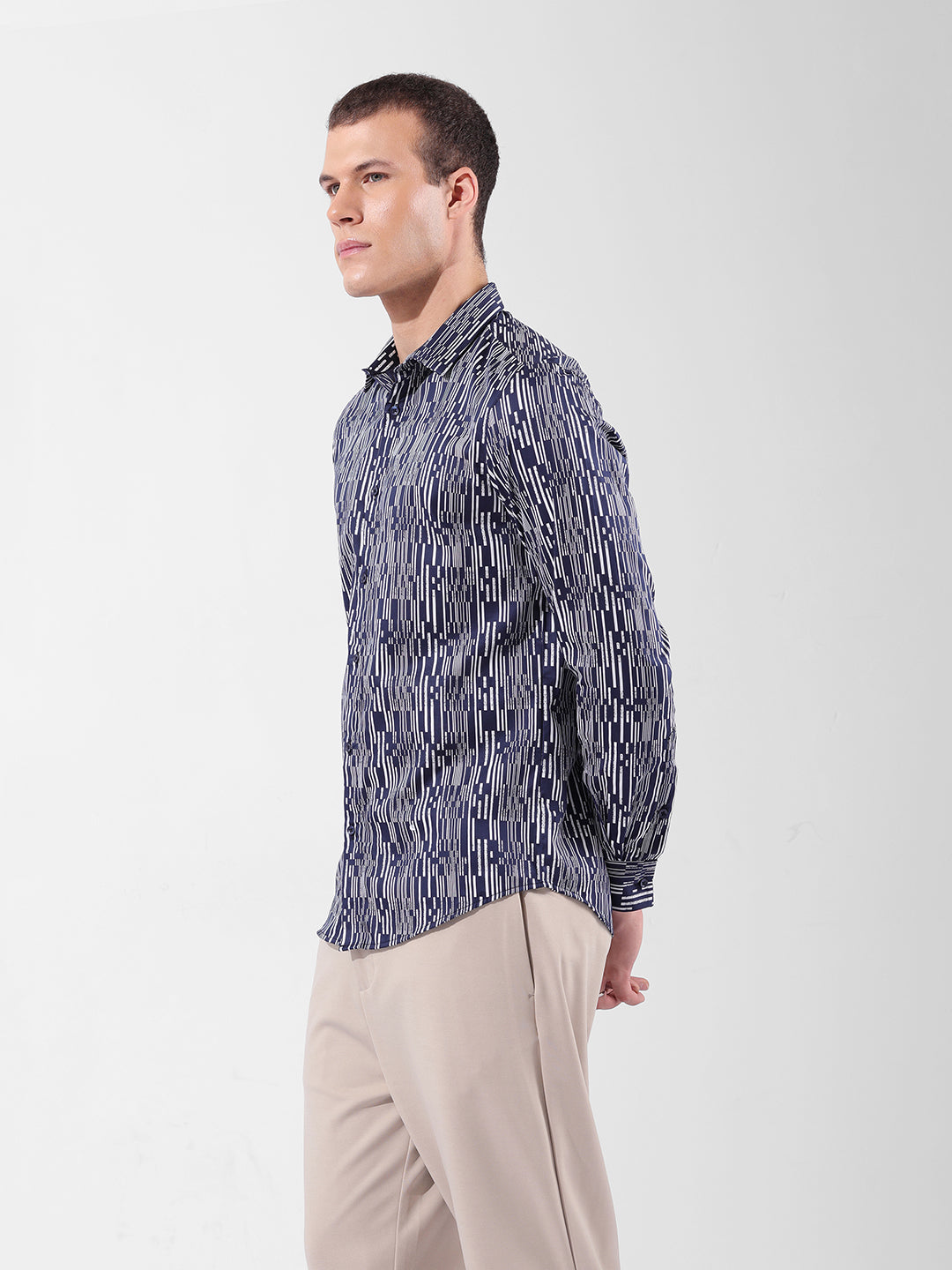 Men's Navy Blue Slim Fit Printed Party Wear Shirt