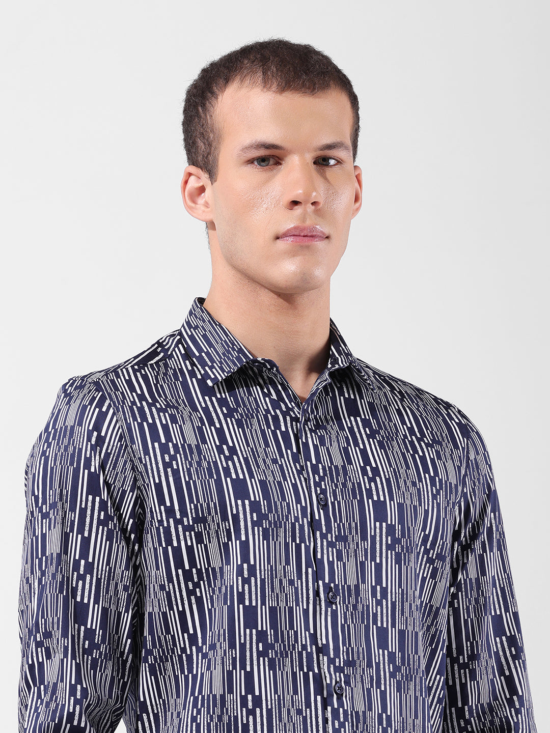 Men's Navy Blue Slim Fit Printed Party Wear Shirt