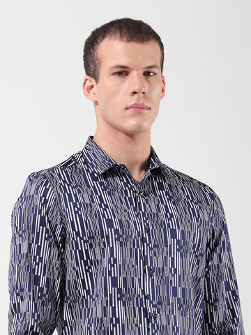 Men's Navy Blue Slim Fit Printed Party Wear Shirt