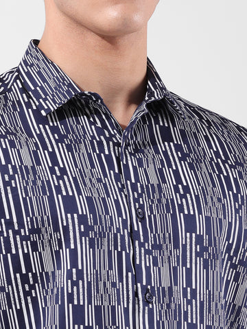 Men's Navy Blue Slim Fit Printed Party Wear Shirt