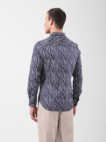 Men's Navy Blue Slim Fit Printed Party Wear Shirt