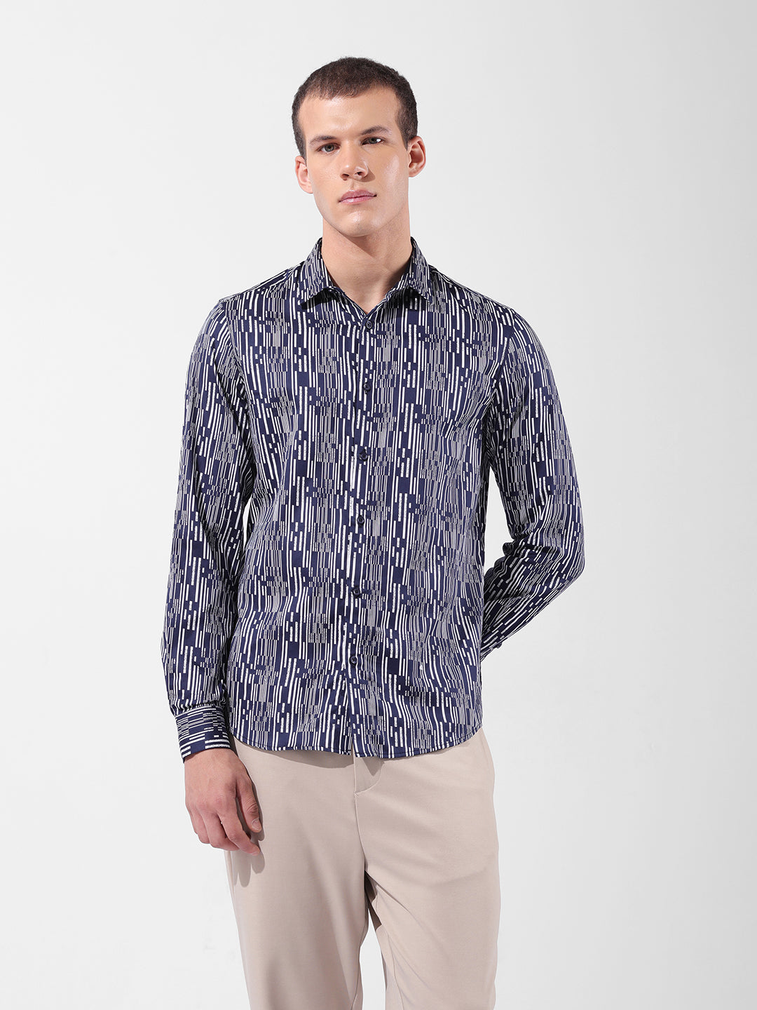 Men's Navy Blue Slim Fit Printed Party Wear Shirt