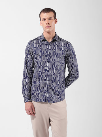Men's Navy Blue Slim Fit Printed Party Wear Shirt