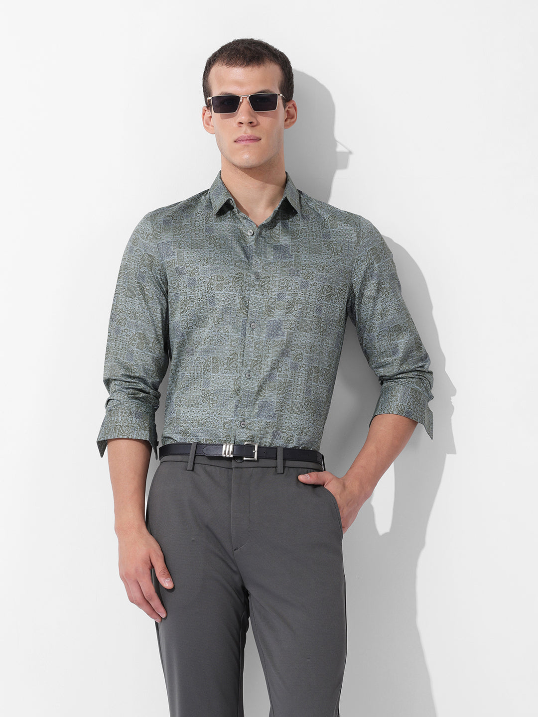 Men's Green Slim Fit Printed Party Wear Shirt