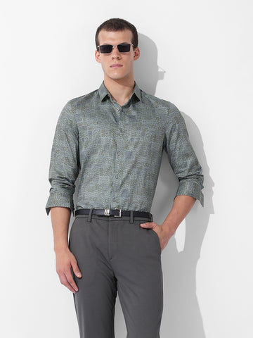 Men's Green Slim Fit Printed Party Wear Shirt