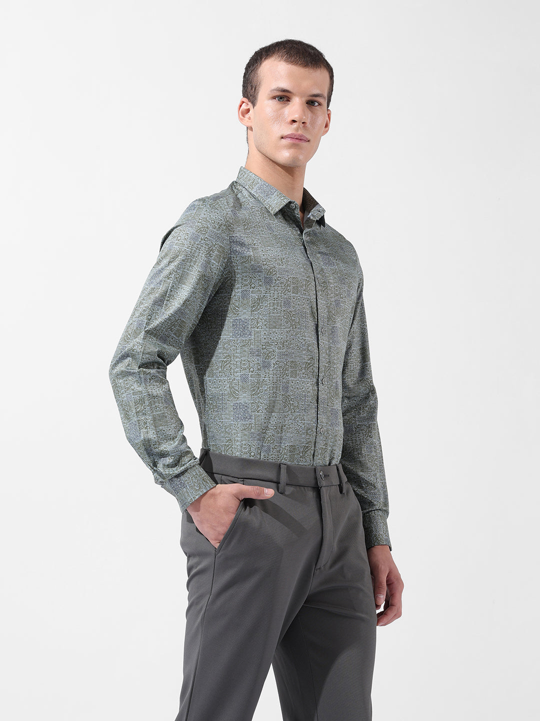 Men's Green Slim Fit Printed Party Wear Shirt