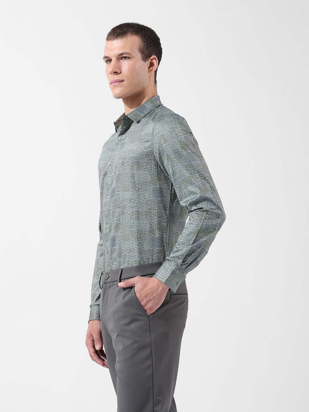 Men's Green Slim Fit Printed Party Wear Shirt