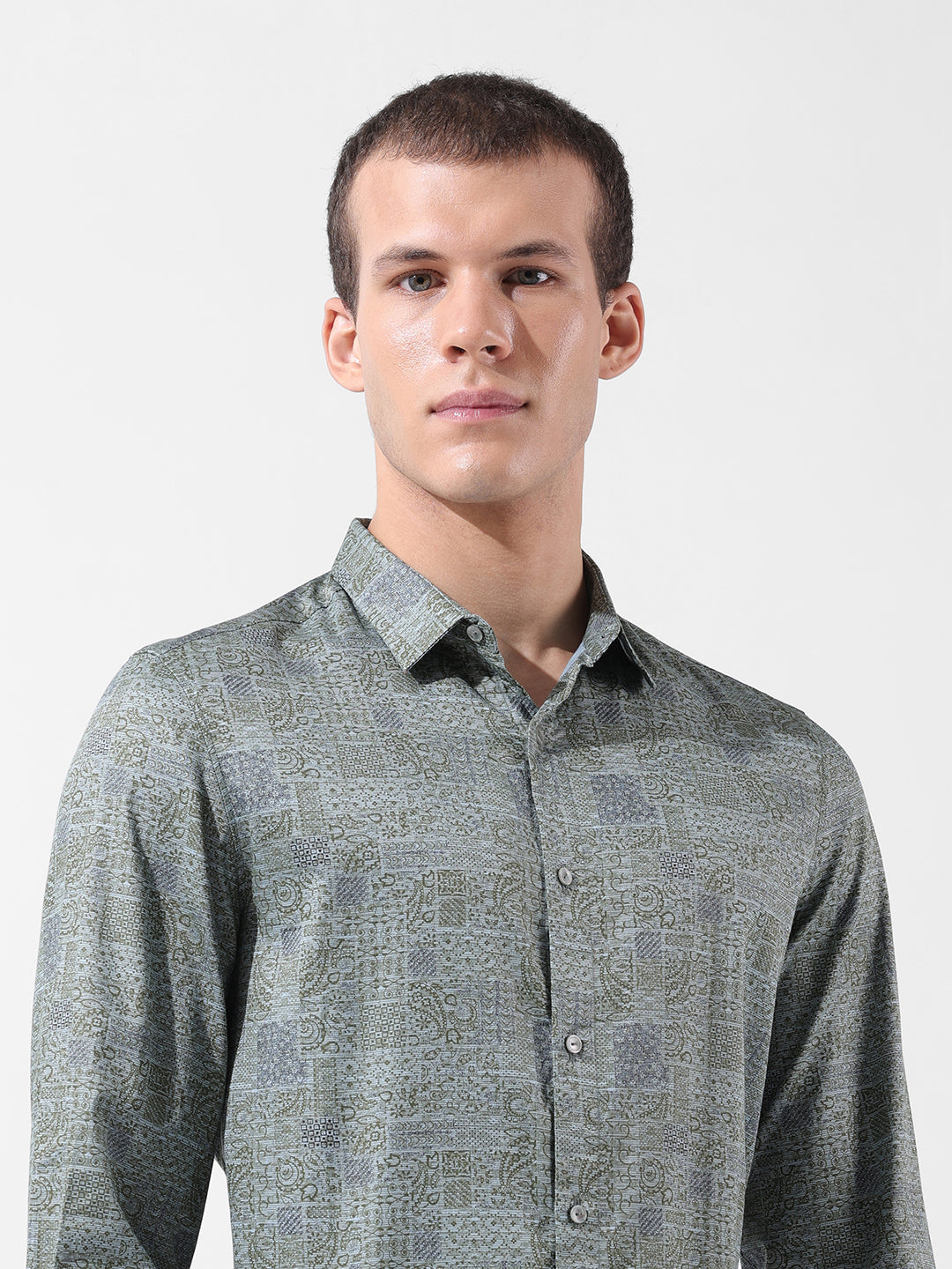 Men's Green Slim Fit Printed Party Wear Shirt