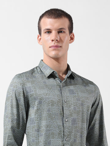 Men's Green Slim Fit Printed Party Wear Shirt