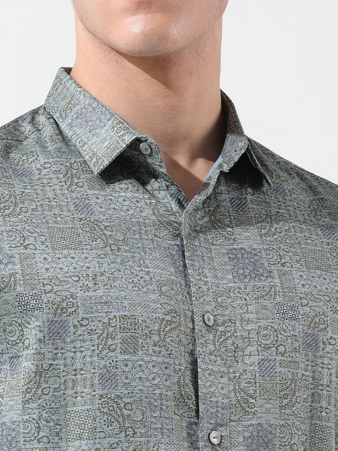 Men's Green Slim Fit Printed Party Wear Shirt
