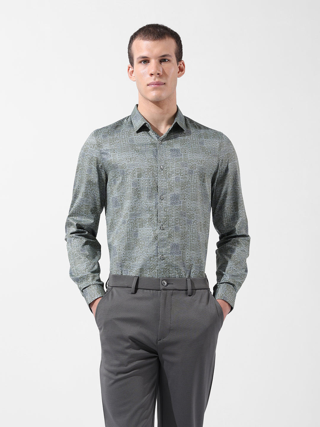 Men's Green Slim Fit Printed Party Wear Shirt