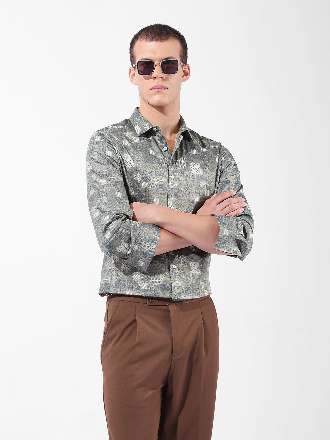 Men's Olive Slim Fit Printed Party Wear Shirt