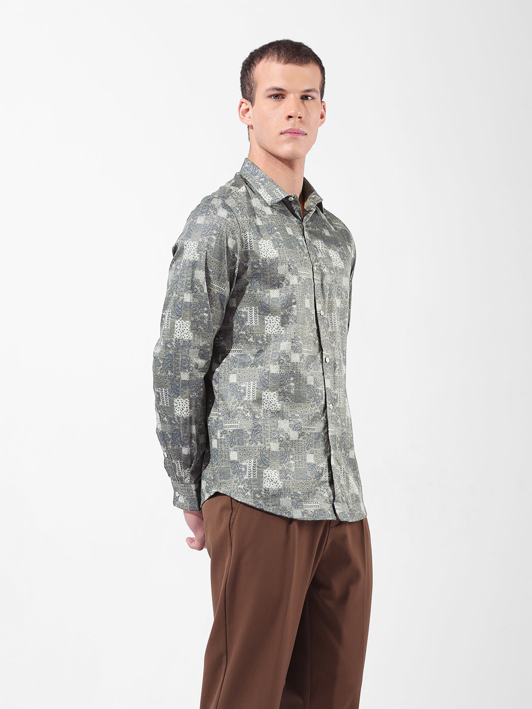 Men's Olive Slim Fit Printed Party Wear Shirt