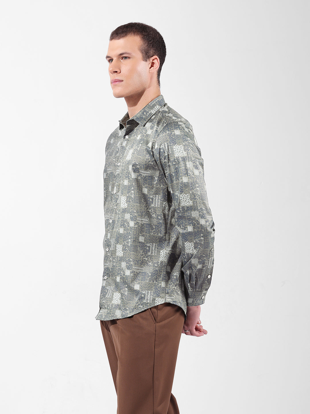 Men's Olive Slim Fit Printed Party Wear Shirt