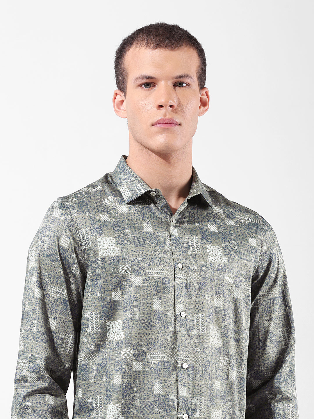 Men's Olive Slim Fit Printed Party Wear Shirt