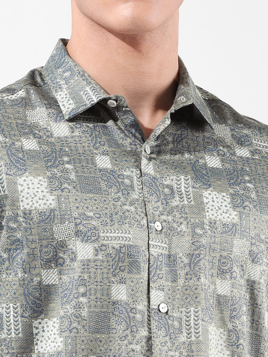 Men's Olive Slim Fit Printed Party Wear Shirt
