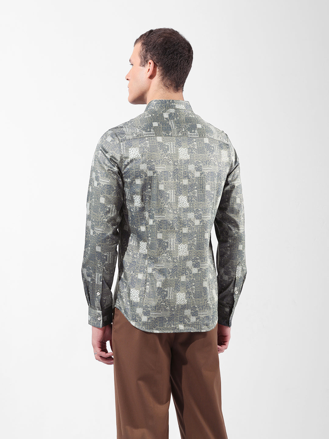 Men's Olive Slim Fit Printed Party Wear Shirt