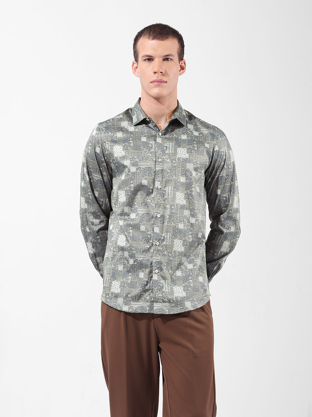 Men's Olive Slim Fit Printed Party Wear Shirt