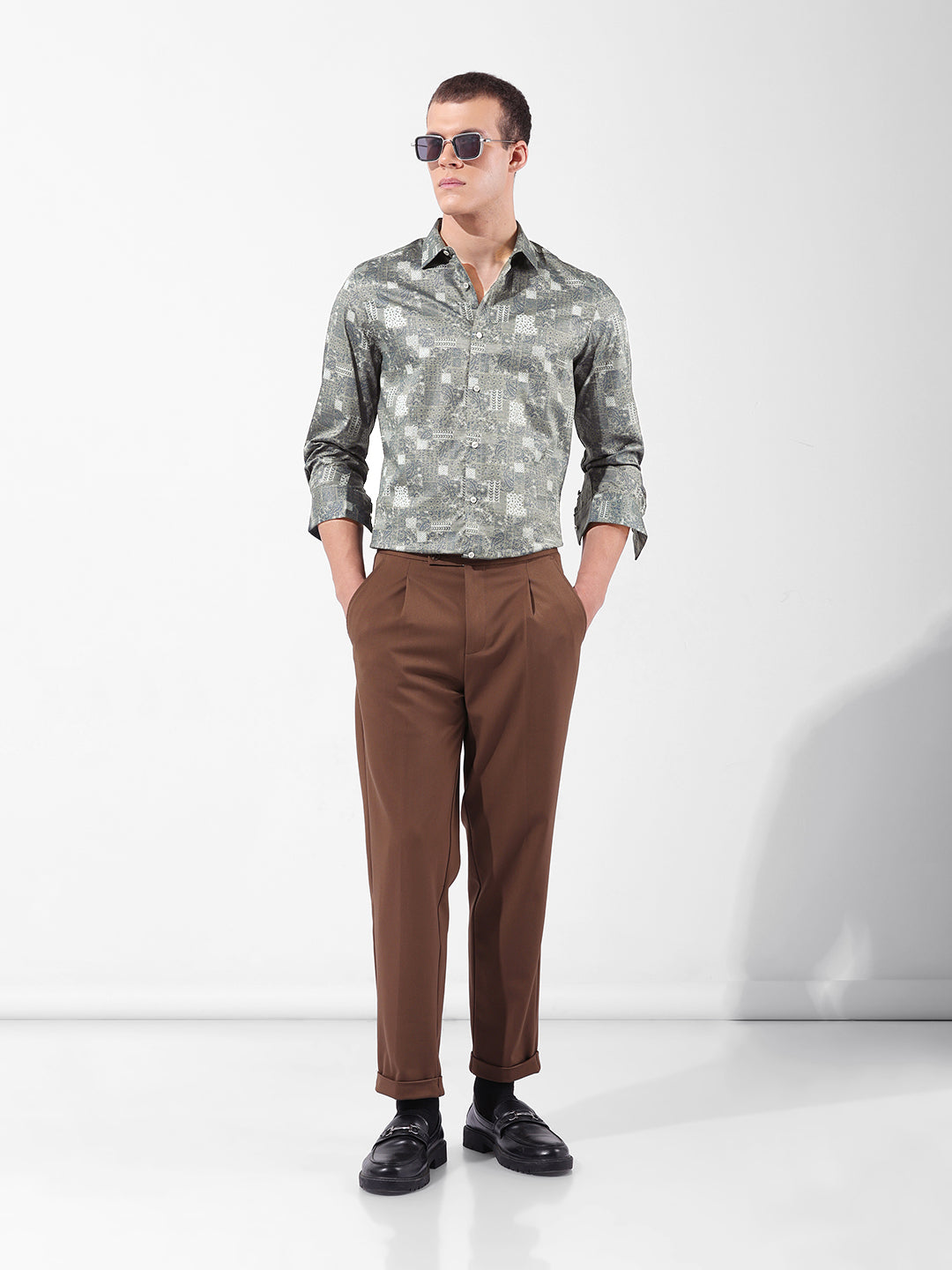 Men's Olive Slim Fit Printed Party Wear Shirt