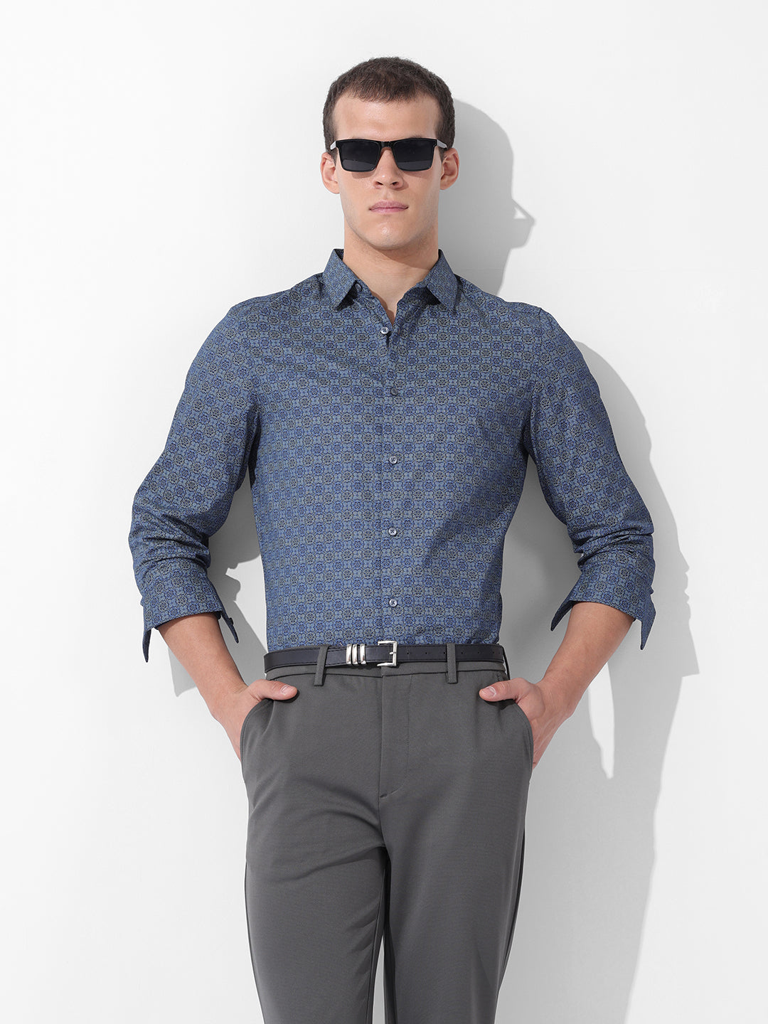 Men's Blue Slim Fit Printed Party Wear Shirt