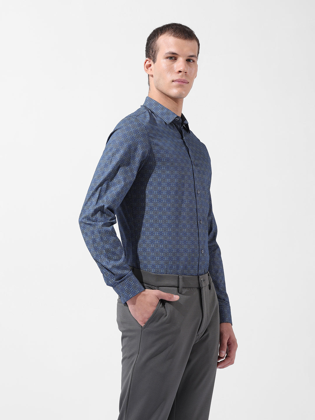 Men's Blue Slim Fit Printed Party Wear Shirt