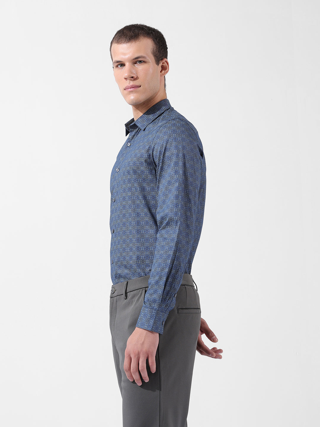 Men's Blue Slim Fit Printed Party Wear Shirt