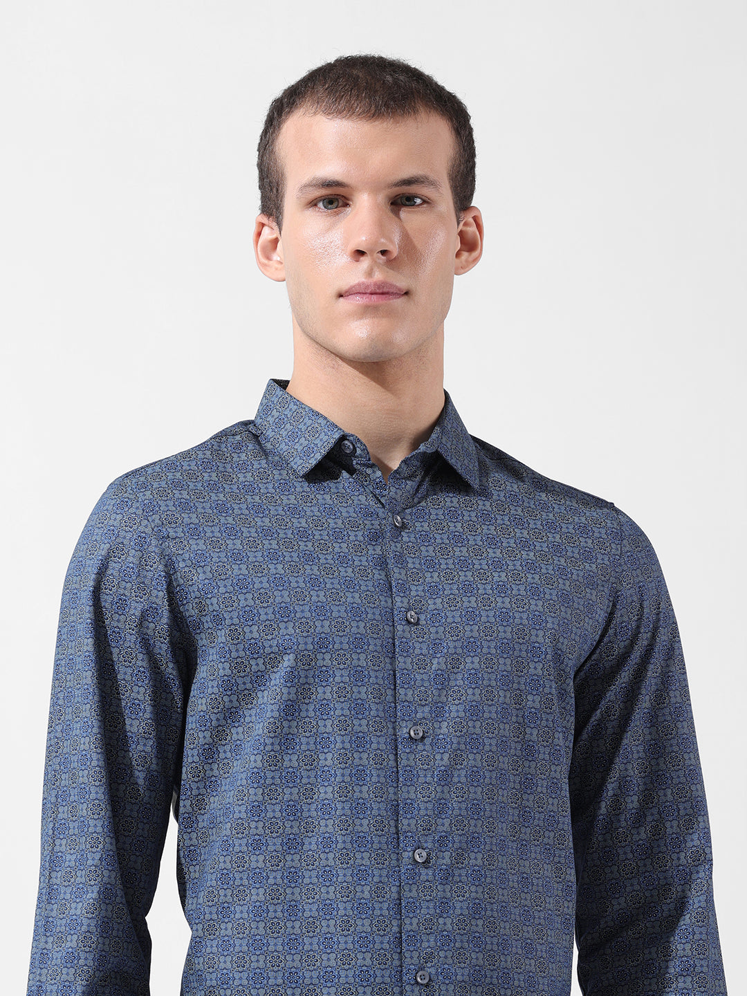 Men's Blue Slim Fit Printed Party Wear Shirt