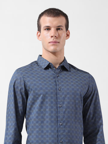 Men's Blue Slim Fit Printed Party Wear Shirt