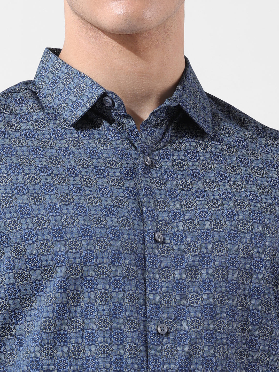 Men's Blue Slim Fit Printed Party Wear Shirt