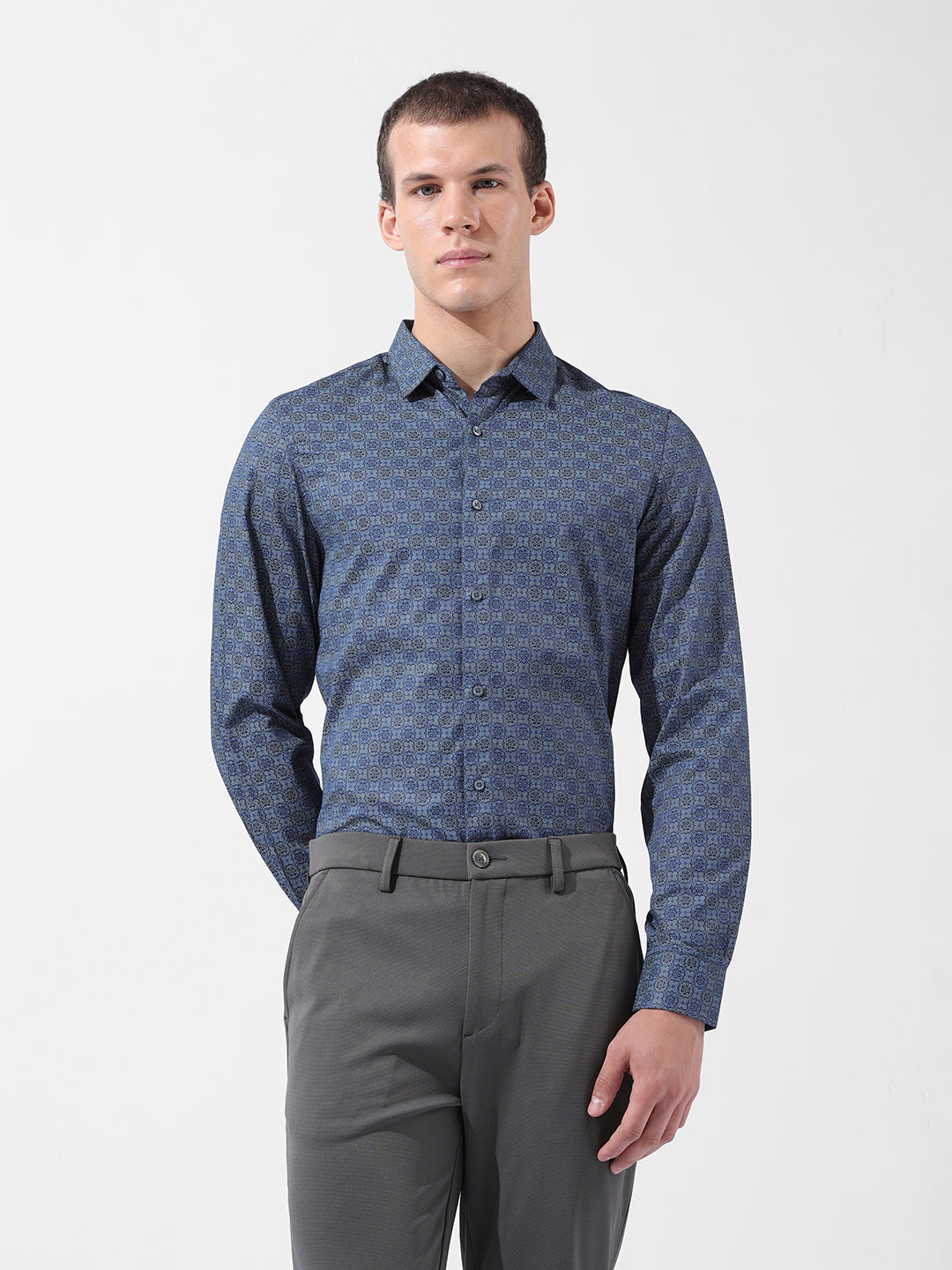 Men's Blue Slim Fit Printed Party Wear Shirt
