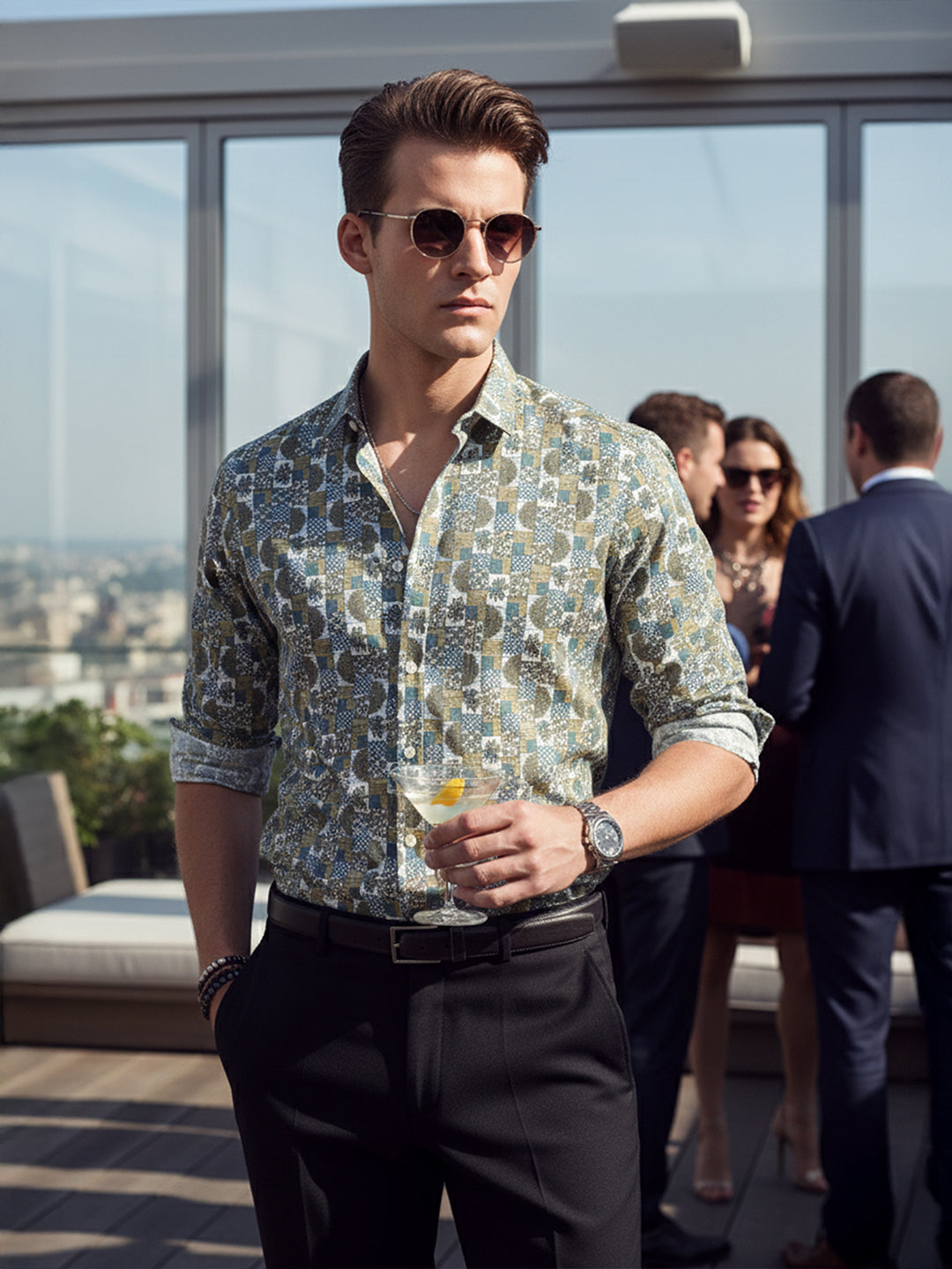 Men's Olive Slim Fit Printed Party Wear Shirt
